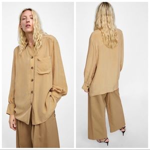 Zara New Sand Cupro Long Button Down Shirt Blouse